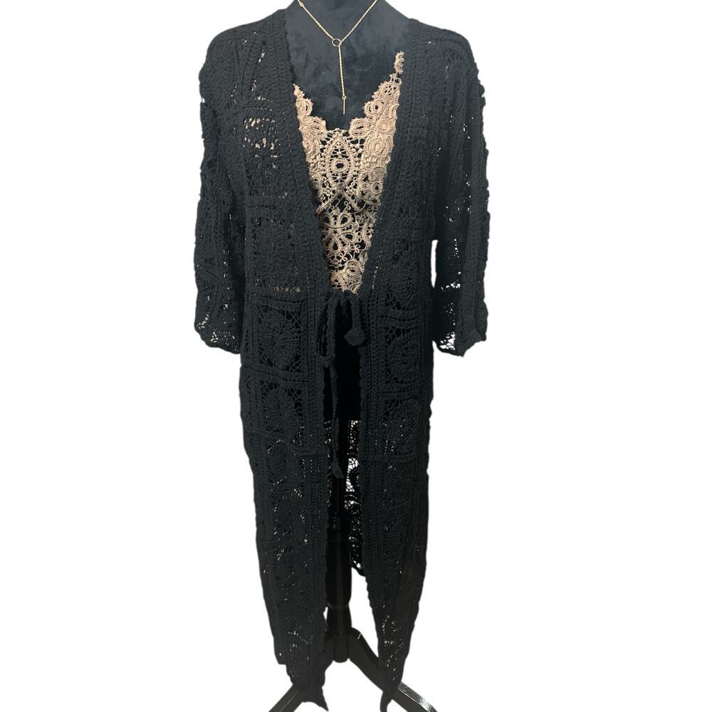 Black crochet full length tie front sweater-One Size- NWT - Picture 1 of 5